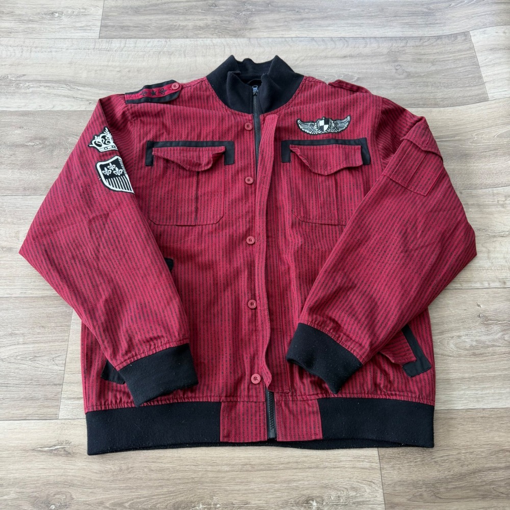 Raw Blue Premium Denim Kruz Mens Red Black Pinstripe Bomber Jacket Large 1013